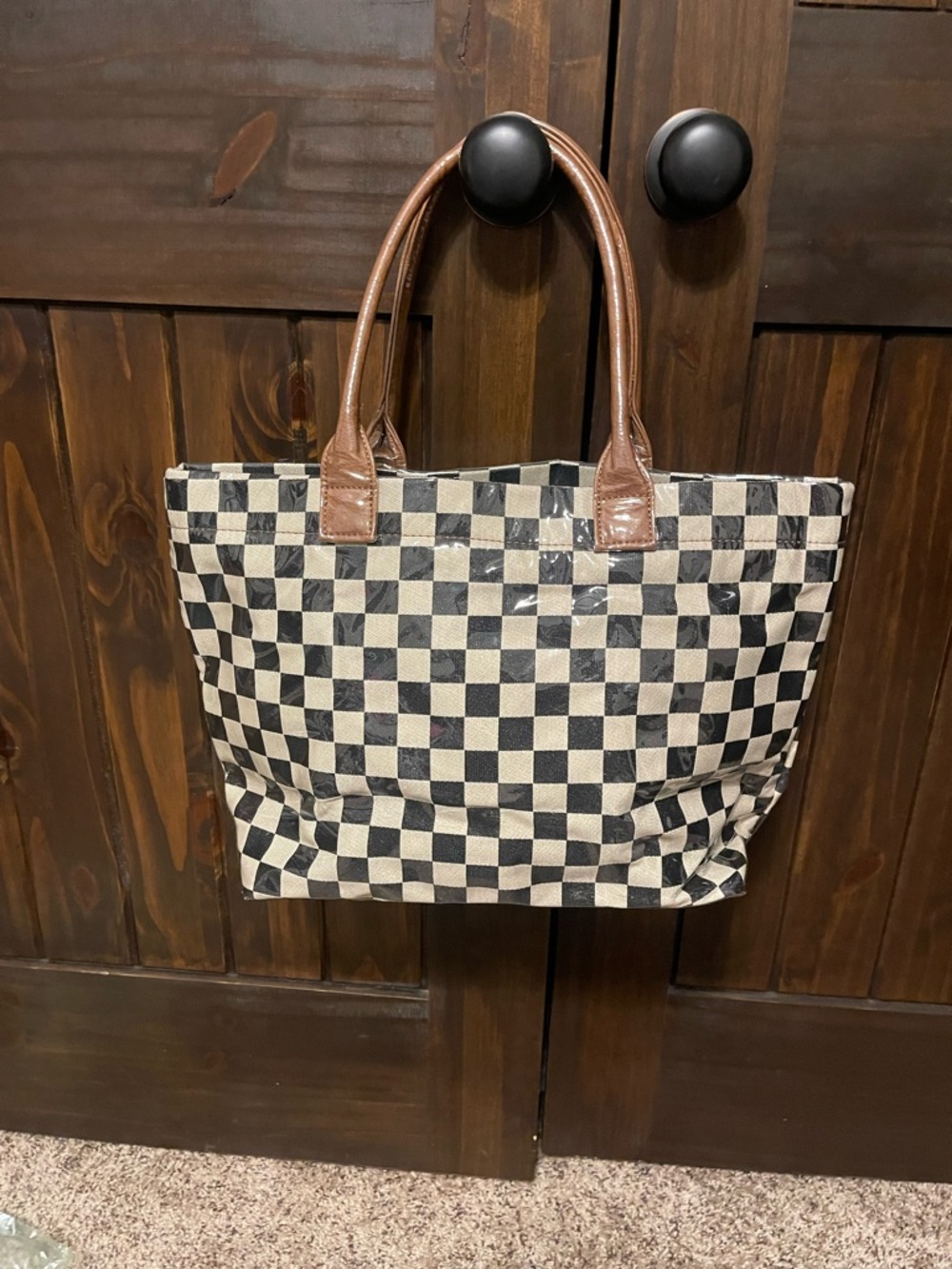 Checkerboard Tote Bag with Brown Handles - Picture 2 of 4